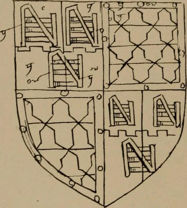 An illustration from The four visitations of Berkshire made and taken by Thomas Benolte, Clarnceuc, anno 1532; by William Harvey, Clarnceux, anno 1566; by Henry Chiting, Chester herald, and John Philipott, Rouge dragon, for William Camden, Clarenceux, anno 1623; and by Elias Ashmole, Windsor herald, for Sir Edward Bysshe, Clarenceux, anno 1665-66, 1907, leaf 84