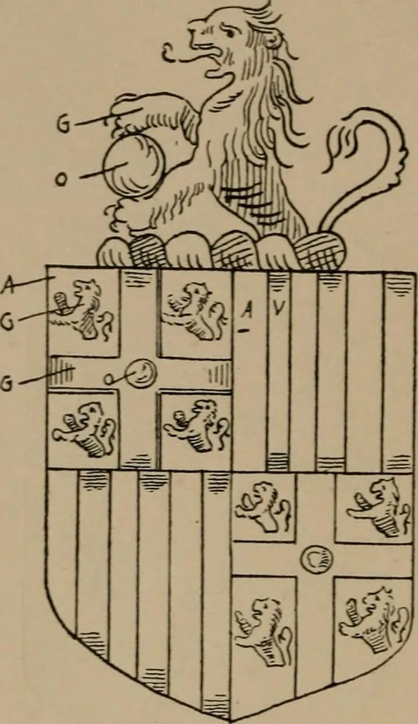 An illustration from The four visitations of Berkshire made and taken by Thomas Benolte, Clarnceuc, anno 1532; by William Harvey, Clarnceux, anno 1566; by Henry Chiting, Chester herald, and John Philipott, Rouge dragon, for William Camden, Clarenceux, anno 1623; and by Elias Ashmole, Windsor herald, for Sir Edward Bysshe, Clarenceux, anno 1665-66, 1907, leaf 92