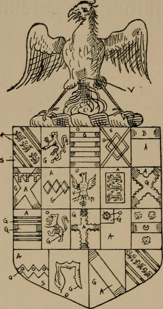 An illustration from The four visitations of Berkshire made and taken by Thomas Benolte, Clarnceuc, anno 1532; by William Harvey, Clarnceux, anno 1566; by Henry Chiting, Chester herald, and John Philipott, Rouge dragon, for William Camden, Clarenceux, anno 1623; and by Elias Ashmole, Windsor herald, for Sir Edward Bysshe, Clarenceux, anno 1665-66, 1907, leaf 98