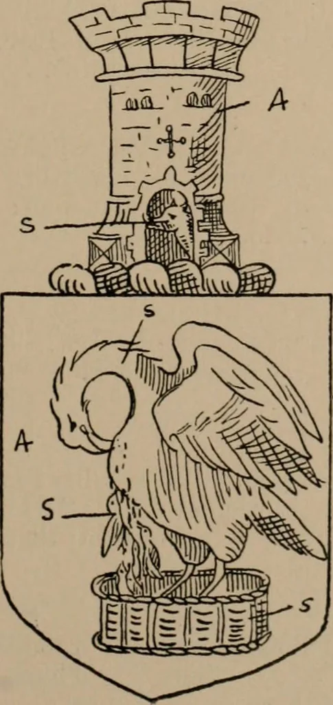 An illustration from The four visitations of Berkshire made and taken by Thomas Benolte, Clarnceuc, anno 1532; by William Harvey, Clarnceux, anno 1566; by Henry Chiting, Chester herald, and John Philipott, Rouge dragon, for William Camden, Clarenceux, anno 1623; and by Elias Ashmole, Windsor herald, for Sir Edward Bysshe, Clarenceux, anno 1665-66, 1907, leaf 99