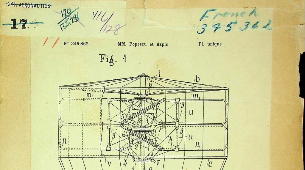 An illustration from Popescu - Flying Machine, French Patent 345362 of 1904, 1904, leaf 0