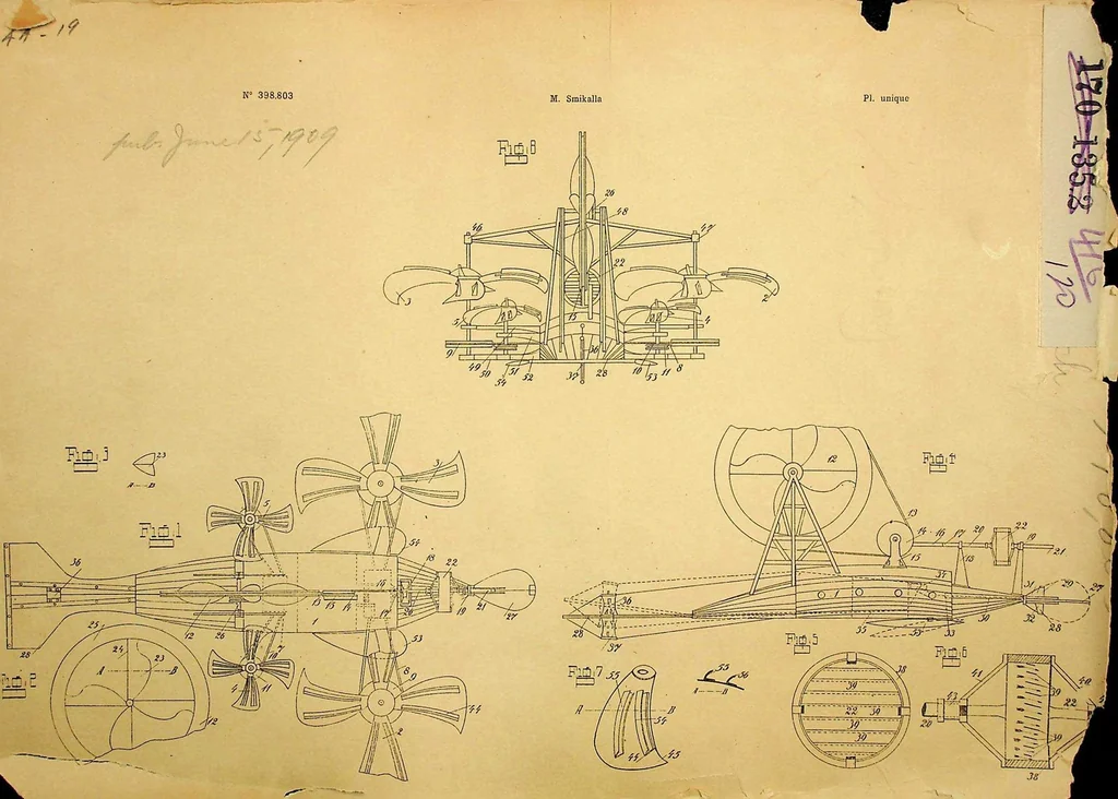 An illustration from Smikalla - Automatic Airplane, French Patent 398803 of 1909, 1909, leaf 0