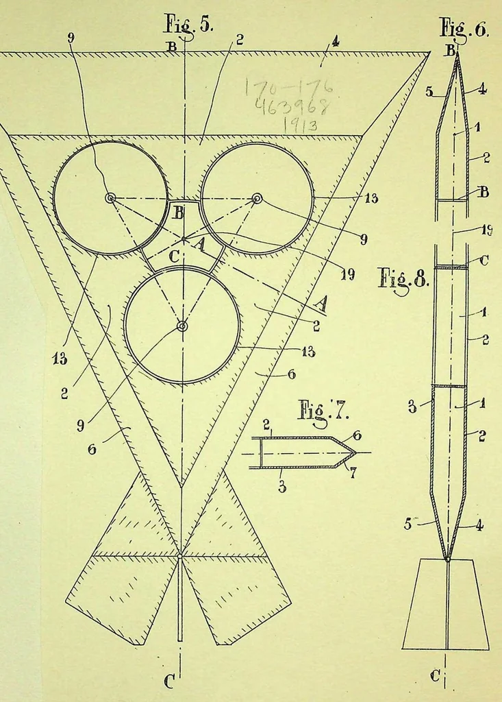 An illustration from Self-glider with lift propellers, French Patent 463968 of 1913, 1913, leaf 2