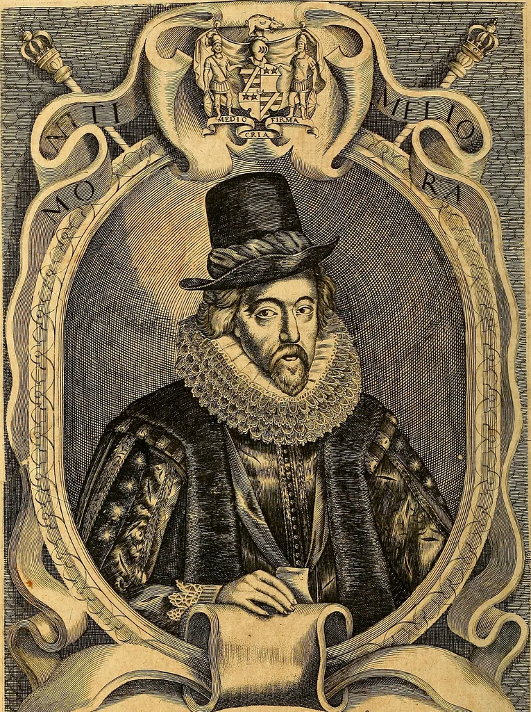 An illustration from Francisci Baconi ... Opera omnia quae extant, philosophica, moralia, politica, historica ... : in quibus complures alii tractatus, quos brevitatis causa praetermittere visum est, comprehensi sunt, hactenus nunquam conjunctim edita, jam vero summo studio collecta, uno volumine comprehensa, & ab innumeris mendis repurgata: cum indice rerum ac verborum universali absolutissimo. His praefixa est auctoris vita, 1665, leaf 9