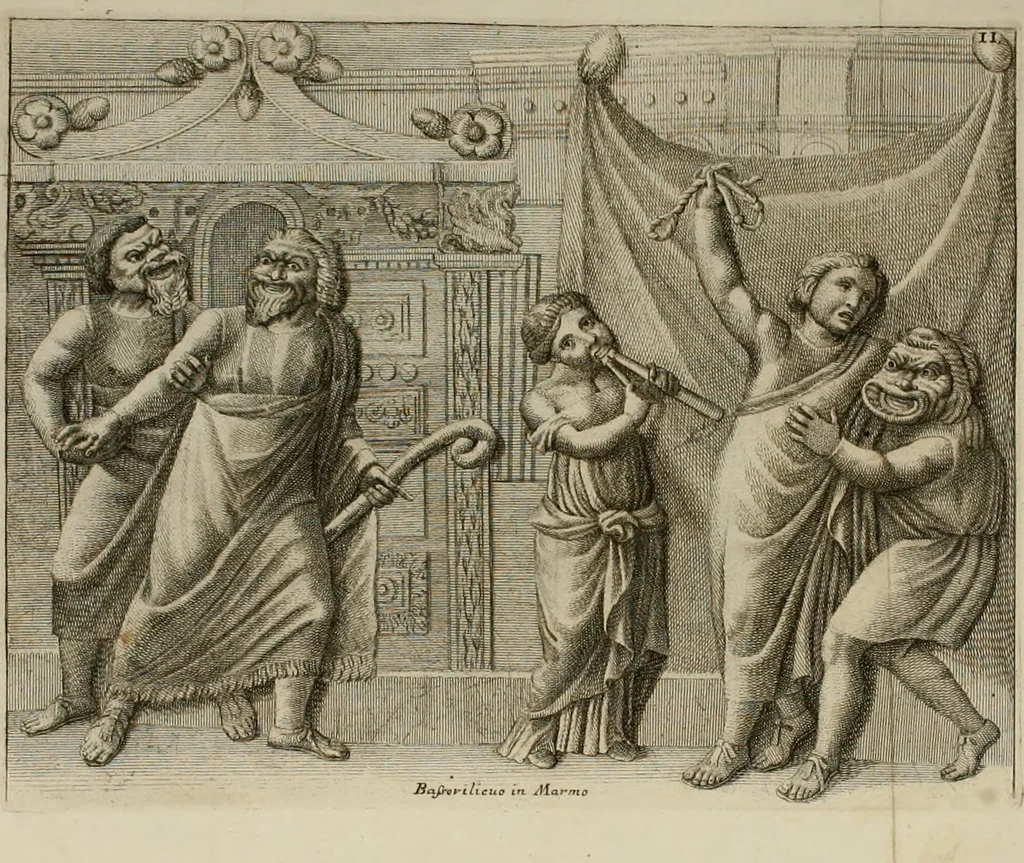 An illustration from Francisci Ficoronii Reg. Lond. Acad. socii dissertatio de larvis scenicis et figuris comicis antiquorum Romanorum, et ex Italica in Latinam linguam versa, 1754, leaf 144