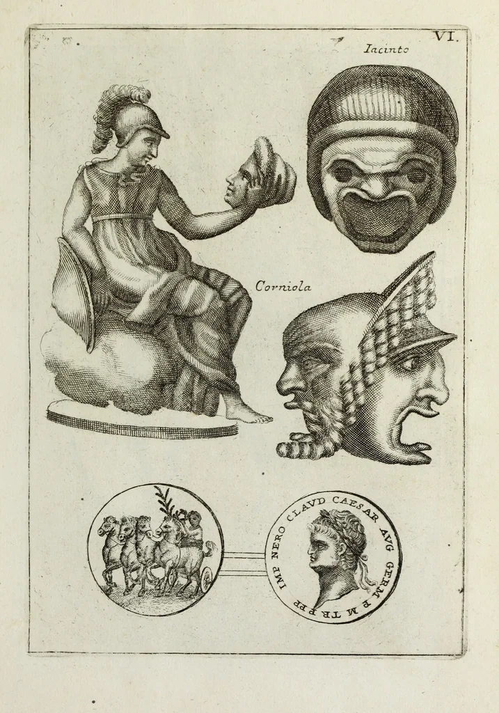 An illustration from Francisci Ficoronii Reg. Lond. Acad. socii dissertatio de larvis scenicis et figuris comicis antiquorum Romanorum, et ex Italica in Latinam linguam versa, 1754, leaf 152