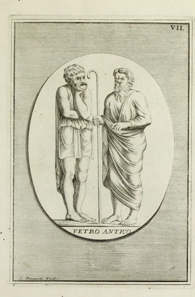 An illustration from Francisci Ficoronii Reg. Lond. Acad. socii dissertatio de larvis scenicis et figuris comicis antiquorum Romanorum, et ex Italica in Latinam linguam versa, 1754, leaf 154