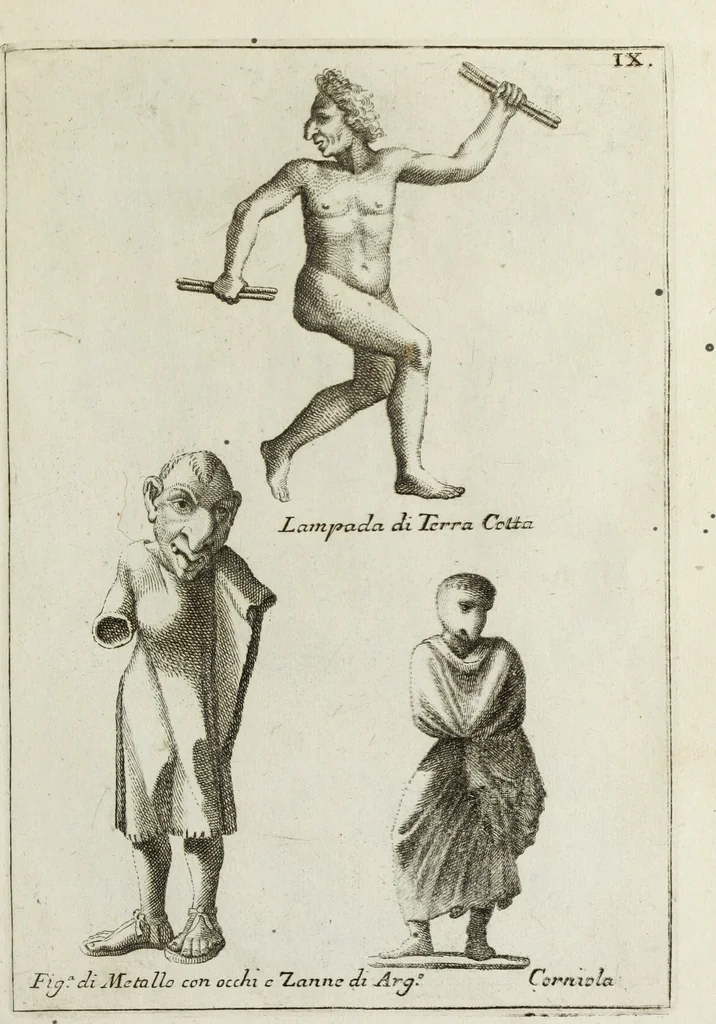 An illustration from Francisci Ficoronii Reg. Lond. Acad. socii dissertatio de larvis scenicis et figuris comicis antiquorum Romanorum, et ex Italica in Latinam linguam versa, 1754, leaf 158