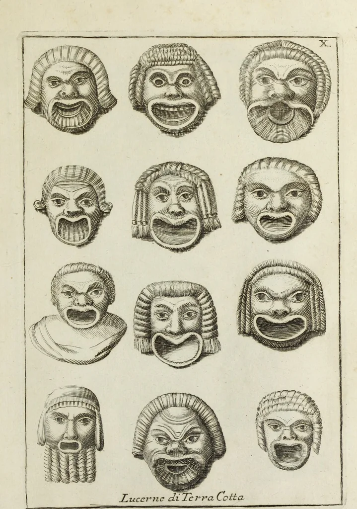 An illustration from Francisci Ficoronii Reg. Lond. Acad. socii dissertatio de larvis scenicis et figuris comicis antiquorum Romanorum, et ex Italica in Latinam linguam versa, 1754, leaf 160