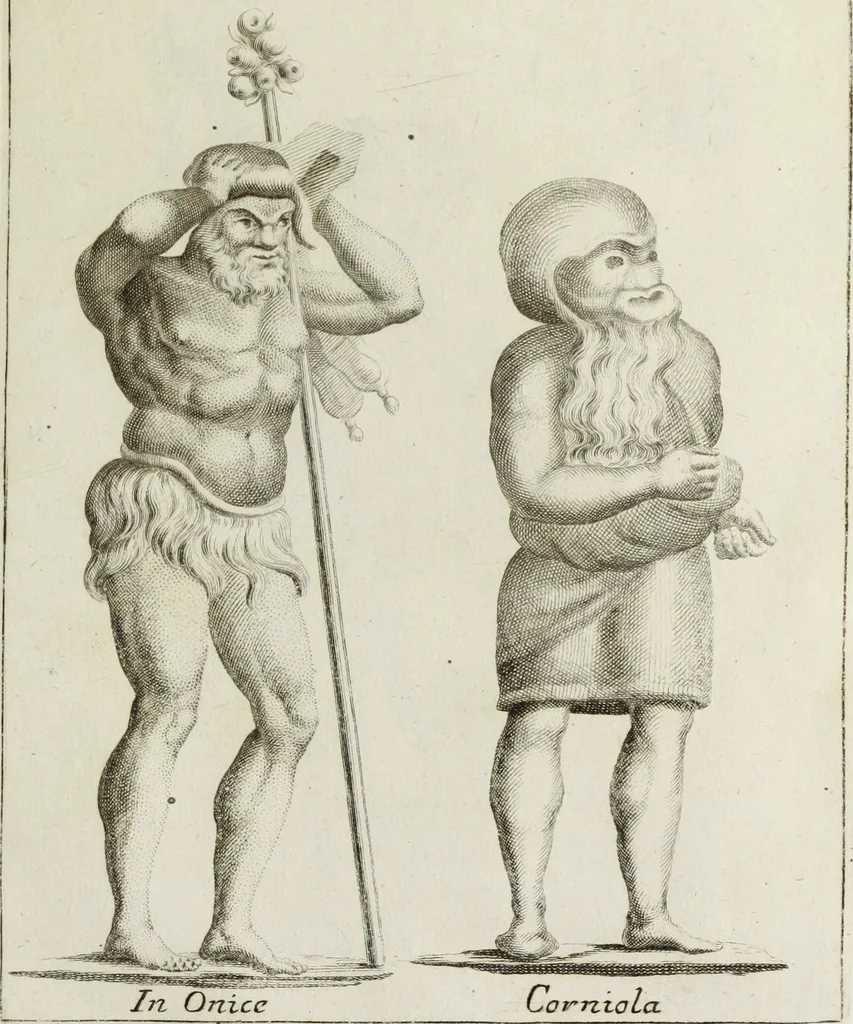 An illustration from Francisci Ficoronii Reg. Lond. Acad. socii dissertatio de larvis scenicis et figuris comicis antiquorum Romanorum, et ex Italica in Latinam linguam versa, 1754, leaf 166