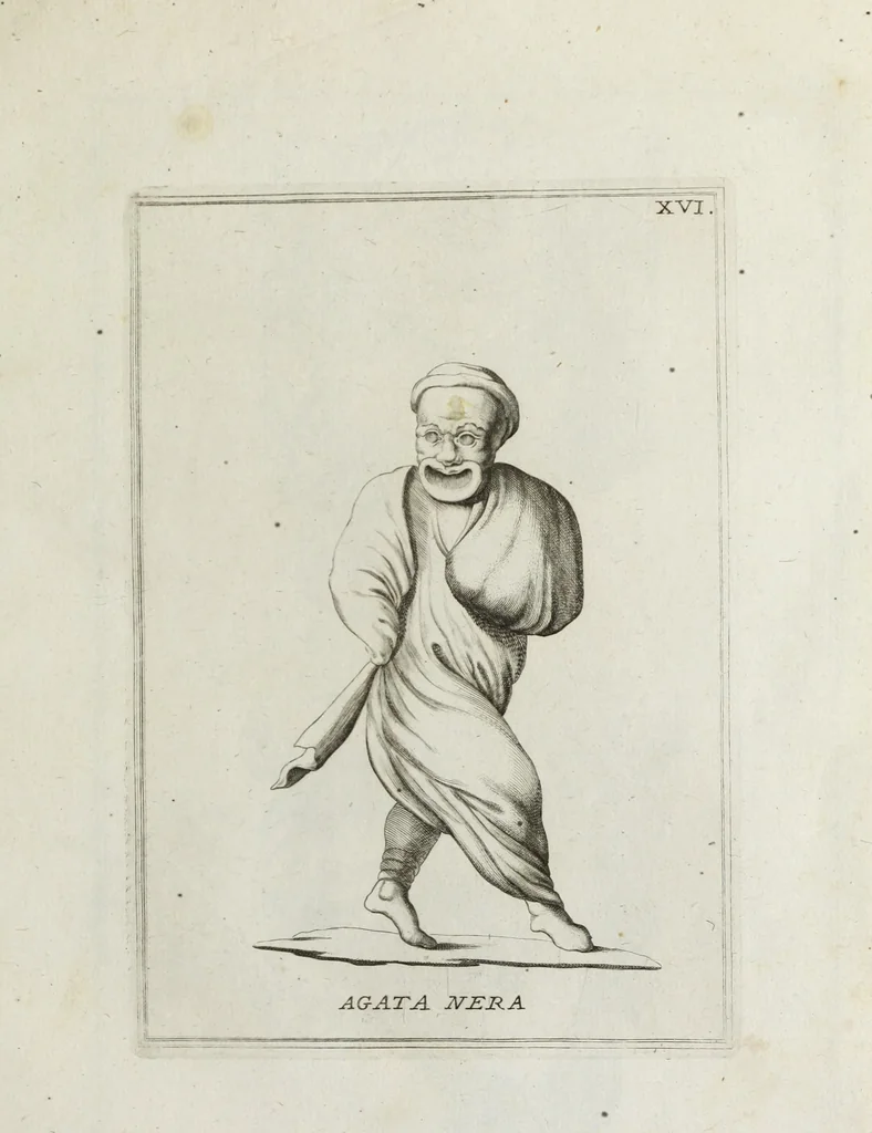 An illustration from Francisci Ficoronii Reg. Lond. Acad. socii dissertatio de larvis scenicis et figuris comicis antiquorum Romanorum, et ex Italica in Latinam linguam versa, 1754, leaf 172