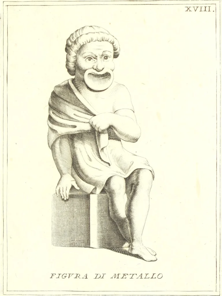 An illustration from Francisci Ficoronii Reg. Lond. Acad. socii dissertatio de larvis scenicis et figuris comicis antiquorum Romanorum, et ex Italica in Latinam linguam versa, 1754, leaf 176