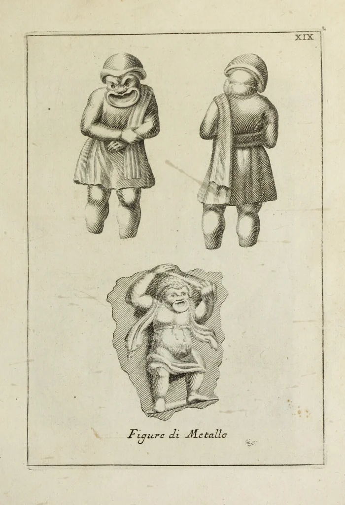 An illustration from Francisci Ficoronii Reg. Lond. Acad. socii dissertatio de larvis scenicis et figuris comicis antiquorum Romanorum, et ex Italica in Latinam linguam versa, 1754, leaf 178