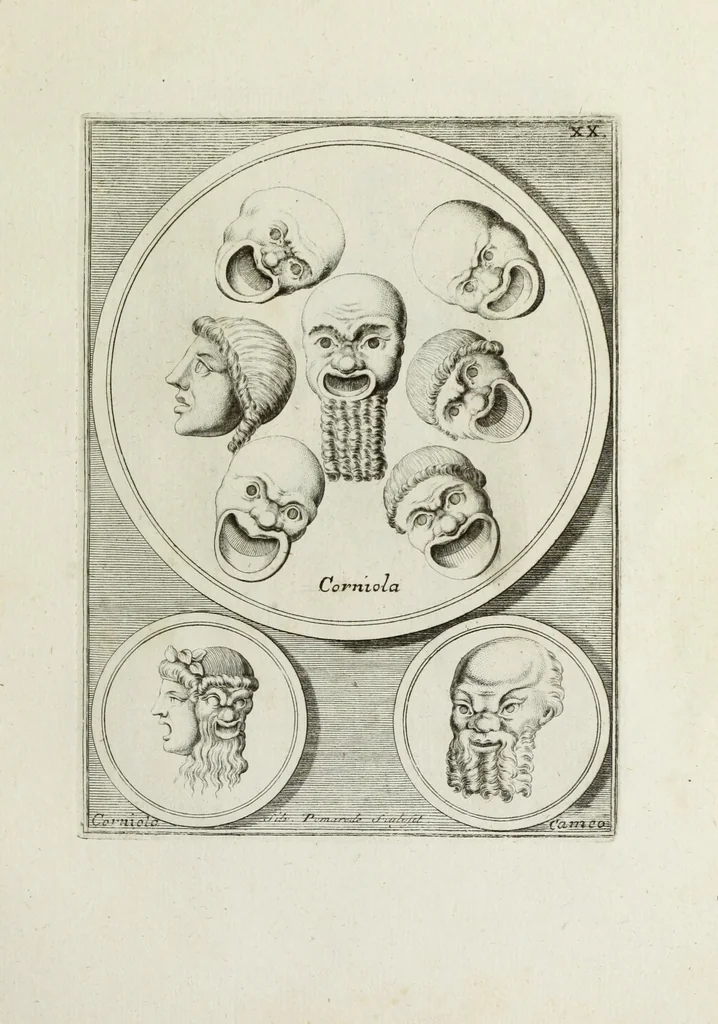 An illustration from Francisci Ficoronii Reg. Lond. Acad. socii dissertatio de larvis scenicis et figuris comicis antiquorum Romanorum, et ex Italica in Latinam linguam versa, 1754, leaf 180