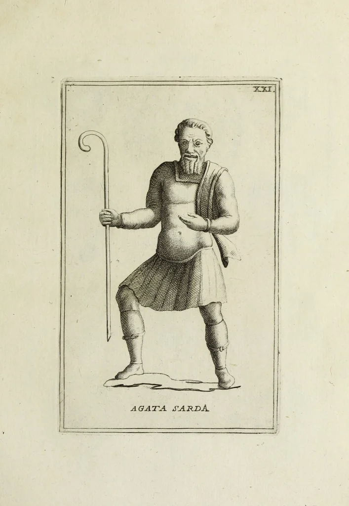 An illustration from Francisci Ficoronii Reg. Lond. Acad. socii dissertatio de larvis scenicis et figuris comicis antiquorum Romanorum, et ex Italica in Latinam linguam versa, 1754, leaf 182