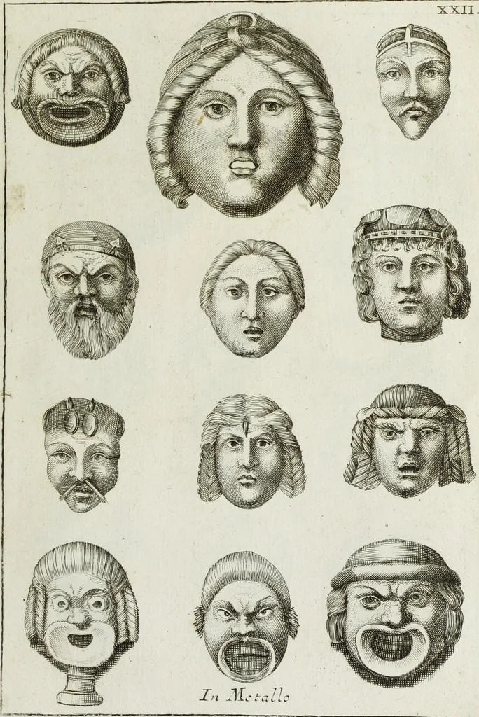 An illustration from Francisci Ficoronii Reg. Lond. Acad. socii dissertatio de larvis scenicis et figuris comicis antiquorum Romanorum, et ex Italica in Latinam linguam versa, 1754, leaf 184