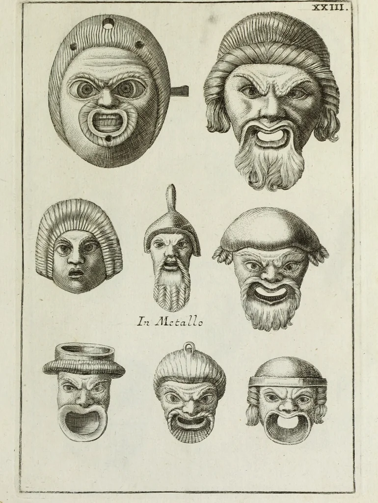 An illustration from Francisci Ficoronii Reg. Lond. Acad. socii dissertatio de larvis scenicis et figuris comicis antiquorum Romanorum, et ex Italica in Latinam linguam versa, 1754, leaf 186