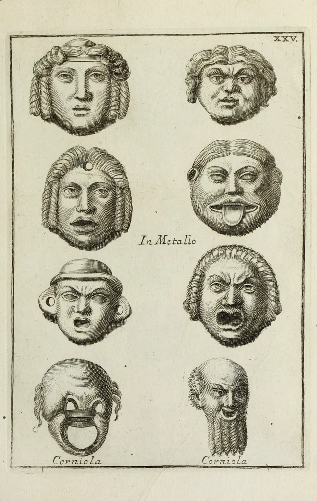 An illustration from Francisci Ficoronii Reg. Lond. Acad. socii dissertatio de larvis scenicis et figuris comicis antiquorum Romanorum, et ex Italica in Latinam linguam versa, 1754, leaf 190