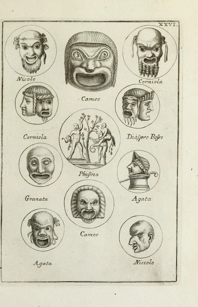 An illustration from Francisci Ficoronii Reg. Lond. Acad. socii dissertatio de larvis scenicis et figuris comicis antiquorum Romanorum, et ex Italica in Latinam linguam versa, 1754, leaf 192