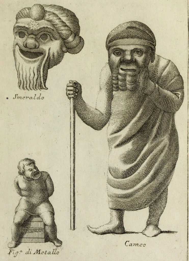An illustration from Francisci Ficoronii Reg. Lond. Acad. socii dissertatio de larvis scenicis et figuris comicis antiquorum Romanorum, et ex Italica in Latinam linguam versa, 1754, leaf 194