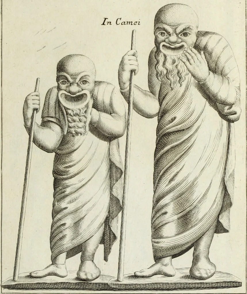 An illustration from Francisci Ficoronii Reg. Lond. Acad. socii dissertatio de larvis scenicis et figuris comicis antiquorum Romanorum, et ex Italica in Latinam linguam versa, 1754, leaf 196