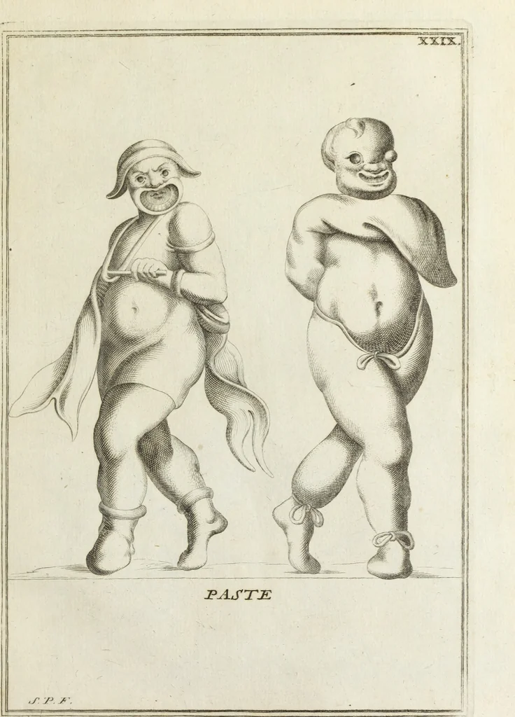 An illustration from Francisci Ficoronii Reg. Lond. Acad. socii dissertatio de larvis scenicis et figuris comicis antiquorum Romanorum, et ex Italica in Latinam linguam versa, 1754, leaf 198