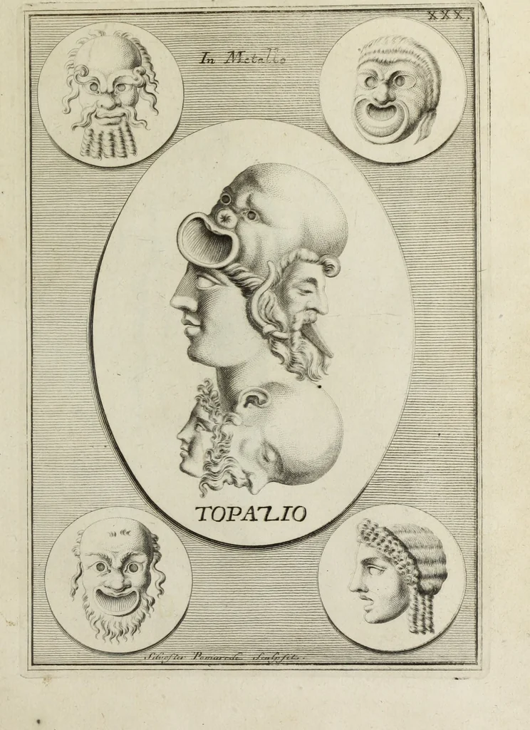 An illustration from Francisci Ficoronii Reg. Lond. Acad. socii dissertatio de larvis scenicis et figuris comicis antiquorum Romanorum, et ex Italica in Latinam linguam versa, 1754, leaf 200