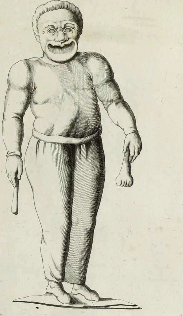 An illustration from Francisci Ficoronii Reg. Lond. Acad. socii dissertatio de larvis scenicis et figuris comicis antiquorum Romanorum, et ex Italica in Latinam linguam versa, 1754, leaf 202