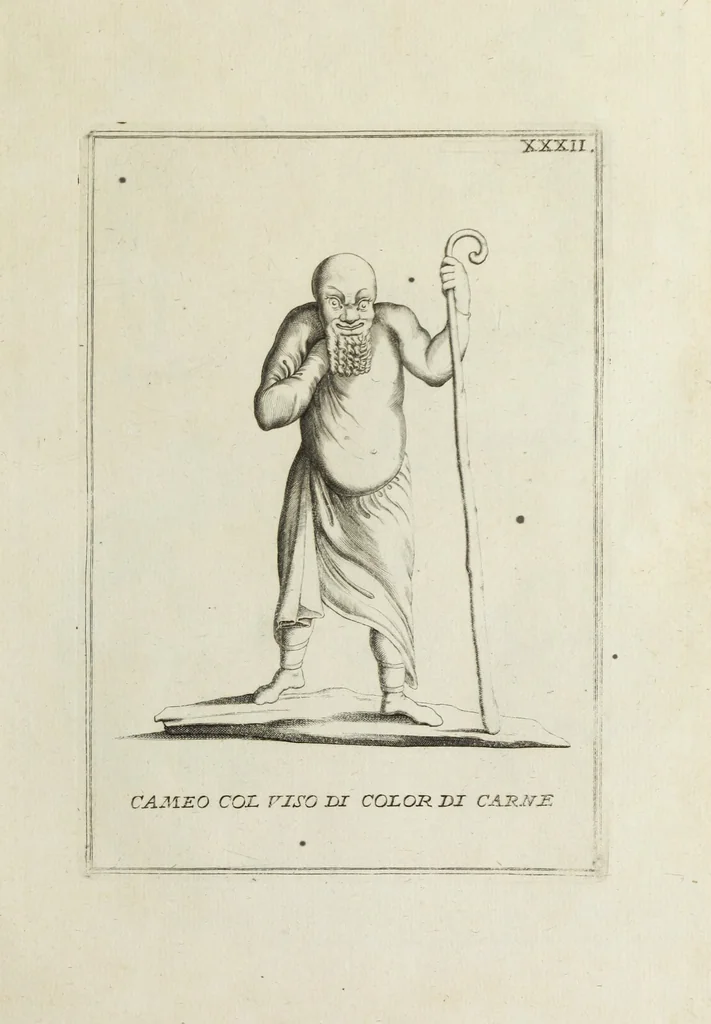 An illustration from Francisci Ficoronii Reg. Lond. Acad. socii dissertatio de larvis scenicis et figuris comicis antiquorum Romanorum, et ex Italica in Latinam linguam versa, 1754, leaf 204