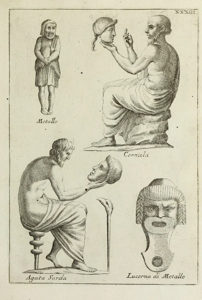 An illustration from Francisci Ficoronii Reg. Lond. Acad. socii dissertatio de larvis scenicis et figuris comicis antiquorum Romanorum, et ex Italica in Latinam linguam versa, 1754, leaf 206