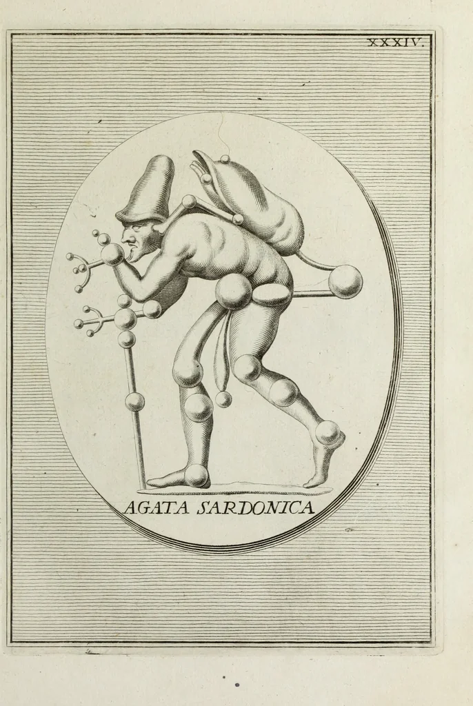 An illustration from Francisci Ficoronii Reg. Lond. Acad. socii dissertatio de larvis scenicis et figuris comicis antiquorum Romanorum, et ex Italica in Latinam linguam versa, 1754, leaf 208