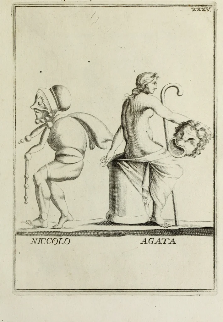 An illustration from Francisci Ficoronii Reg. Lond. Acad. socii dissertatio de larvis scenicis et figuris comicis antiquorum Romanorum, et ex Italica in Latinam linguam versa, 1754, leaf 210
