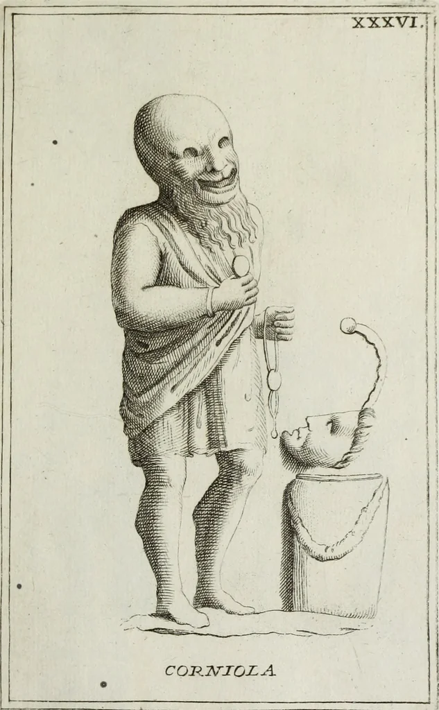 An illustration from Francisci Ficoronii Reg. Lond. Acad. socii dissertatio de larvis scenicis et figuris comicis antiquorum Romanorum, et ex Italica in Latinam linguam versa, 1754, leaf 212