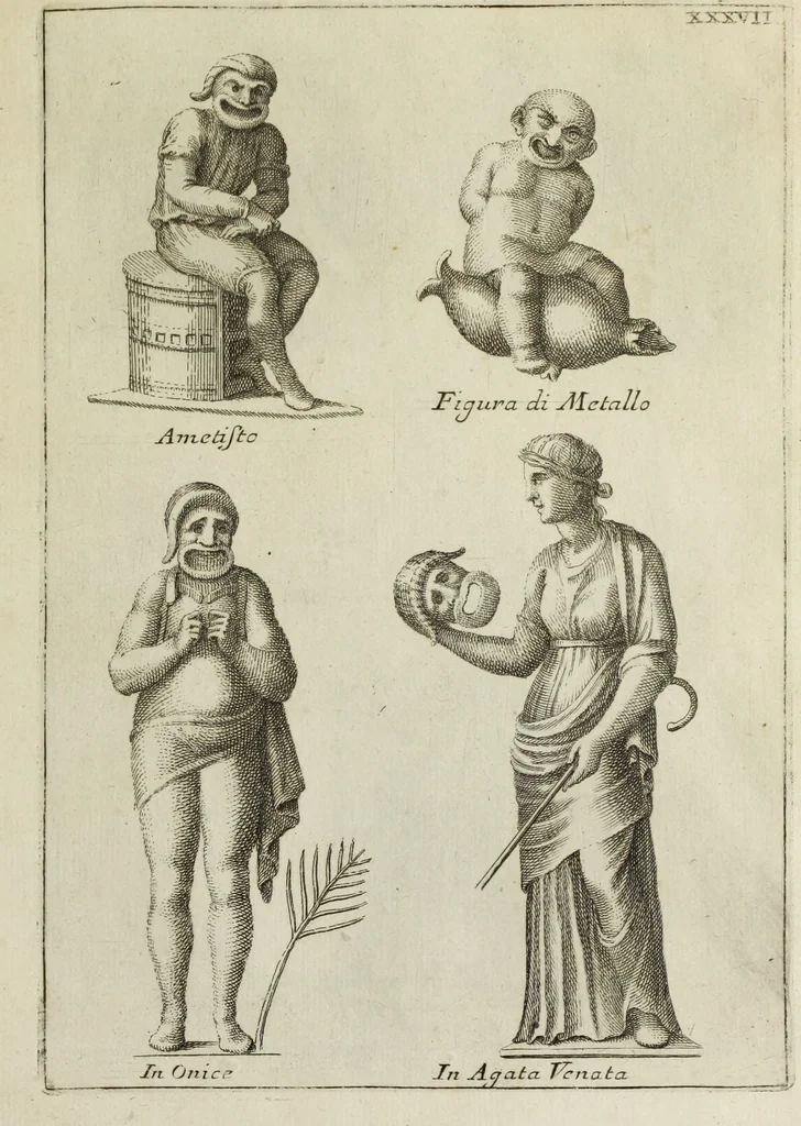 An illustration from Francisci Ficoronii Reg. Lond. Acad. socii dissertatio de larvis scenicis et figuris comicis antiquorum Romanorum, et ex Italica in Latinam linguam versa, 1754, leaf 214