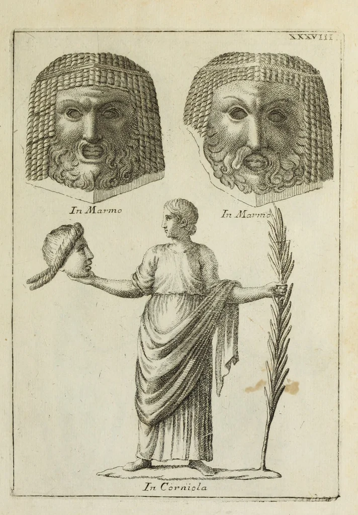 An illustration from Francisci Ficoronii Reg. Lond. Acad. socii dissertatio de larvis scenicis et figuris comicis antiquorum Romanorum, et ex Italica in Latinam linguam versa, 1754, leaf 216