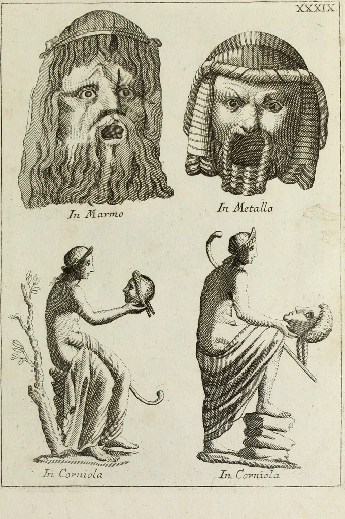 An illustration from Francisci Ficoronii Reg. Lond. Acad. socii dissertatio de larvis scenicis et figuris comicis antiquorum Romanorum, et ex Italica in Latinam linguam versa, 1754, leaf 218