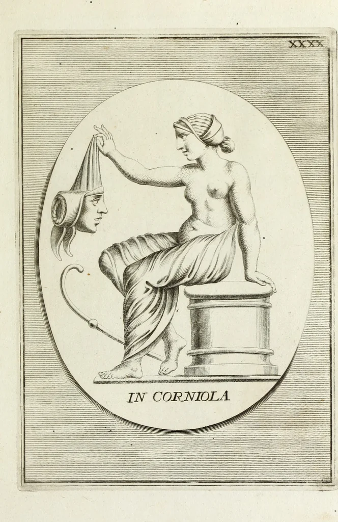 An illustration from Francisci Ficoronii Reg. Lond. Acad. socii dissertatio de larvis scenicis et figuris comicis antiquorum Romanorum, et ex Italica in Latinam linguam versa, 1754, leaf 220