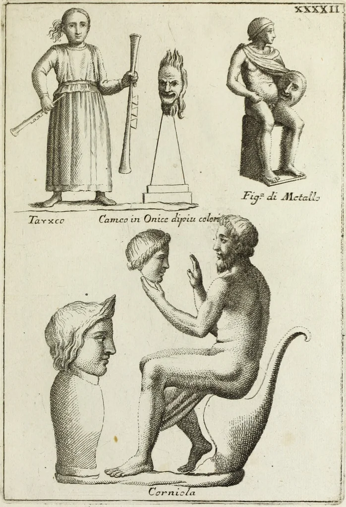 An illustration from Francisci Ficoronii Reg. Lond. Acad. socii dissertatio de larvis scenicis et figuris comicis antiquorum Romanorum, et ex Italica in Latinam linguam versa, 1754, leaf 222