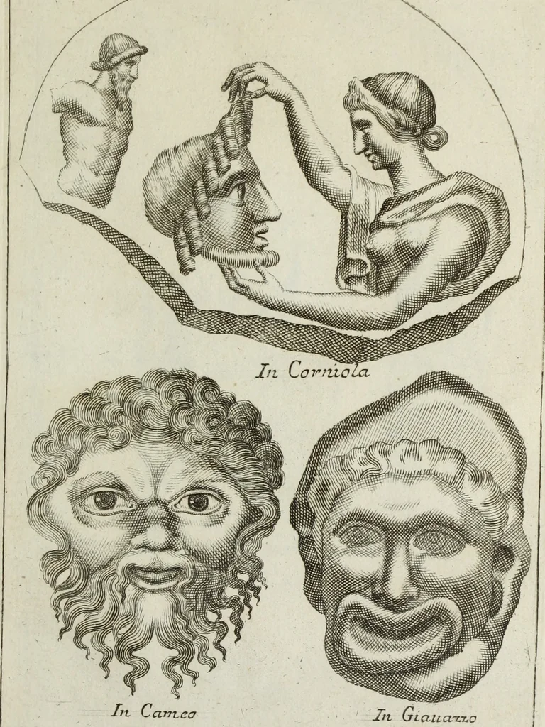 An illustration from Francisci Ficoronii Reg. Lond. Acad. socii dissertatio de larvis scenicis et figuris comicis antiquorum Romanorum, et ex Italica in Latinam linguam versa, 1754, leaf 224