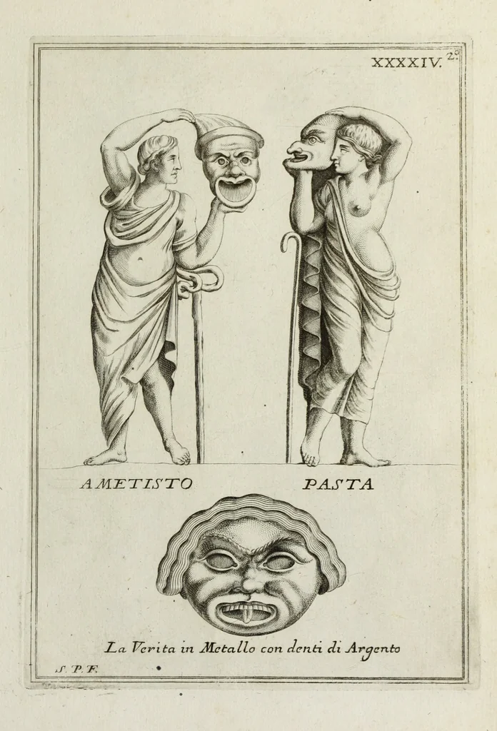 An illustration from Francisci Ficoronii Reg. Lond. Acad. socii dissertatio de larvis scenicis et figuris comicis antiquorum Romanorum, et ex Italica in Latinam linguam versa, 1754, leaf 228