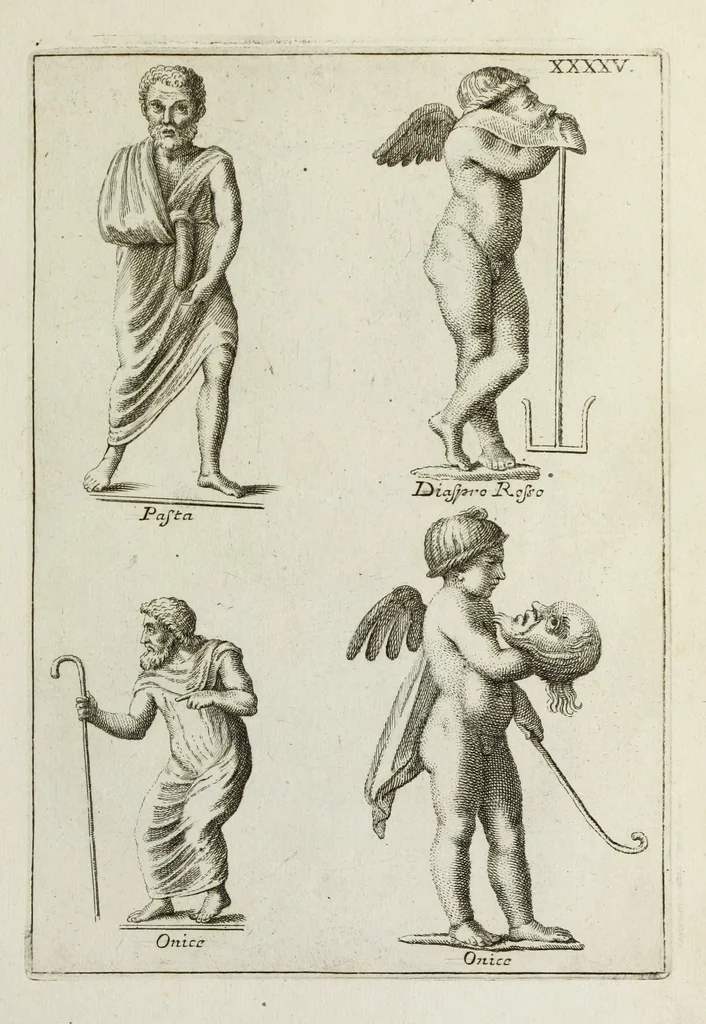 An illustration from Francisci Ficoronii Reg. Lond. Acad. socii dissertatio de larvis scenicis et figuris comicis antiquorum Romanorum, et ex Italica in Latinam linguam versa, 1754, leaf 230