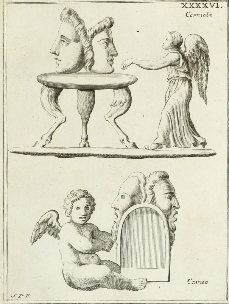 An illustration from Francisci Ficoronii Reg. Lond. Acad. socii dissertatio de larvis scenicis et figuris comicis antiquorum Romanorum, et ex Italica in Latinam linguam versa, 1754, leaf 232