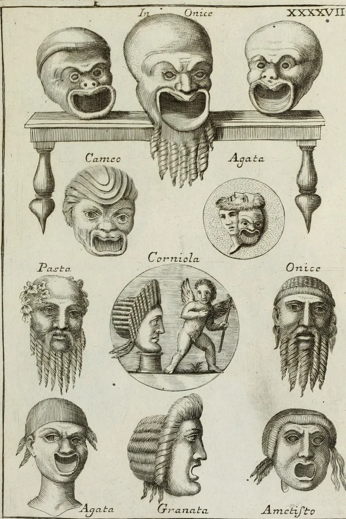 An illustration from Francisci Ficoronii Reg. Lond. Acad. socii dissertatio de larvis scenicis et figuris comicis antiquorum Romanorum, et ex Italica in Latinam linguam versa, 1754, leaf 234