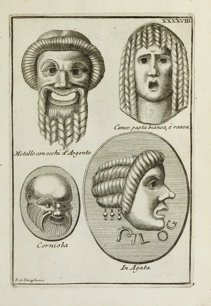 An illustration from Francisci Ficoronii Reg. Lond. Acad. socii dissertatio de larvis scenicis et figuris comicis antiquorum Romanorum, et ex Italica in Latinam linguam versa, 1754, leaf 236