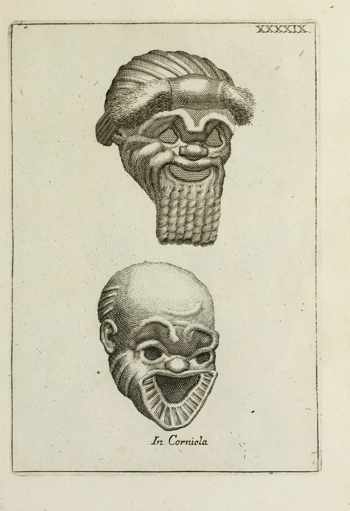 An illustration from Francisci Ficoronii Reg. Lond. Acad. socii dissertatio de larvis scenicis et figuris comicis antiquorum Romanorum, et ex Italica in Latinam linguam versa, 1754, leaf 238