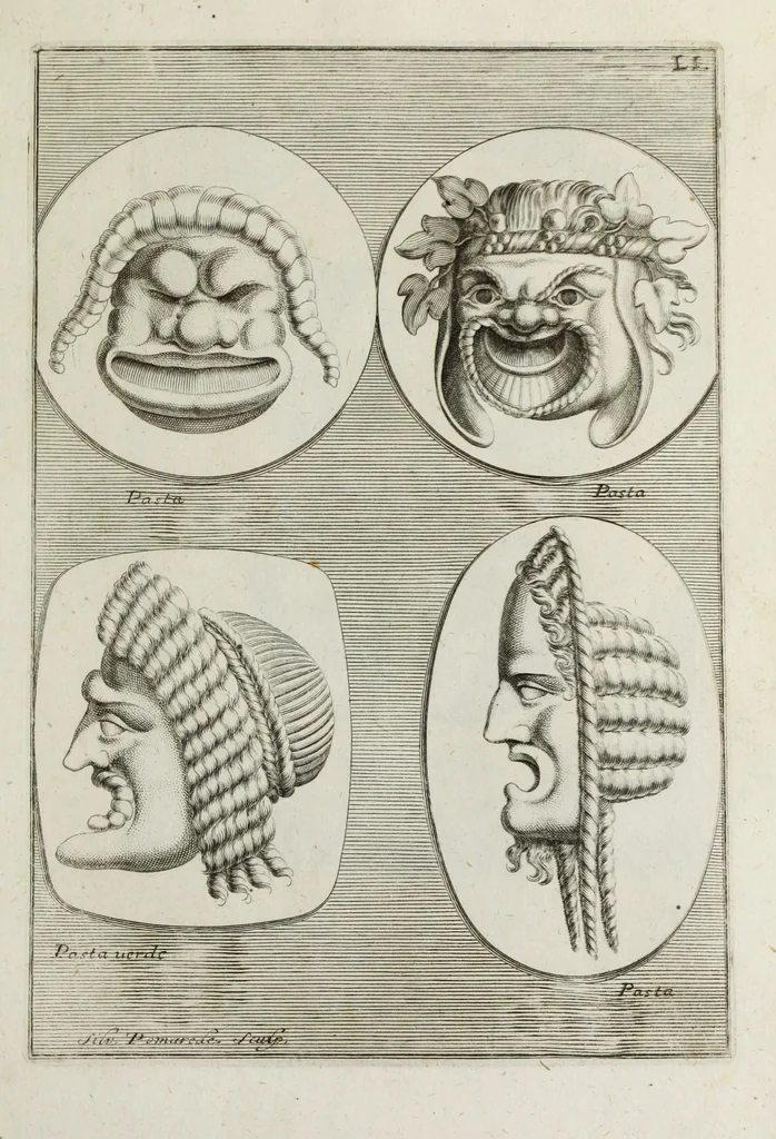 An illustration from Francisci Ficoronii Reg. Lond. Acad. socii dissertatio de larvis scenicis et figuris comicis antiquorum Romanorum, et ex Italica in Latinam linguam versa, 1754, leaf 242