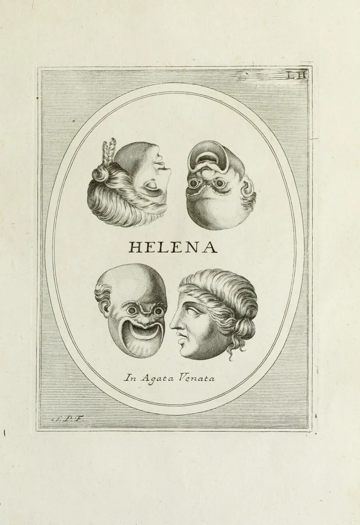 An illustration from Francisci Ficoronii Reg. Lond. Acad. socii dissertatio de larvis scenicis et figuris comicis antiquorum Romanorum, et ex Italica in Latinam linguam versa, 1754, leaf 244