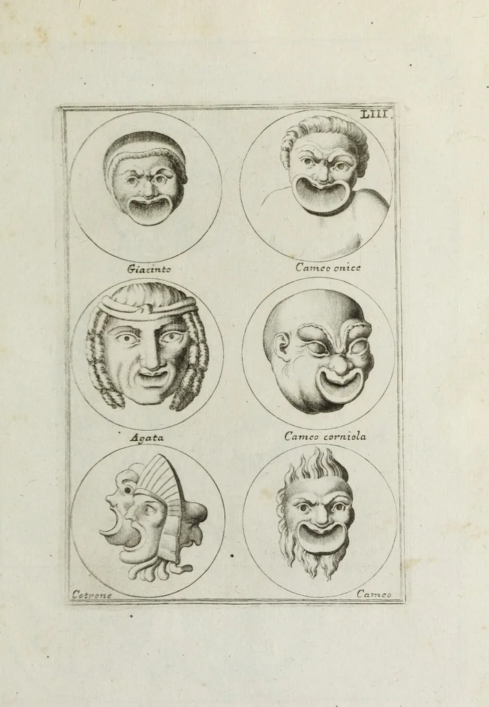 An illustration from Francisci Ficoronii Reg. Lond. Acad. socii dissertatio de larvis scenicis et figuris comicis antiquorum Romanorum, et ex Italica in Latinam linguam versa, 1754, leaf 246