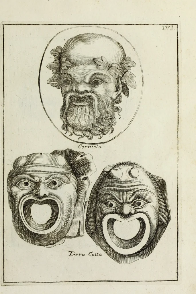 An illustration from Francisci Ficoronii Reg. Lond. Acad. socii dissertatio de larvis scenicis et figuris comicis antiquorum Romanorum, et ex Italica in Latinam linguam versa, 1754, leaf 250