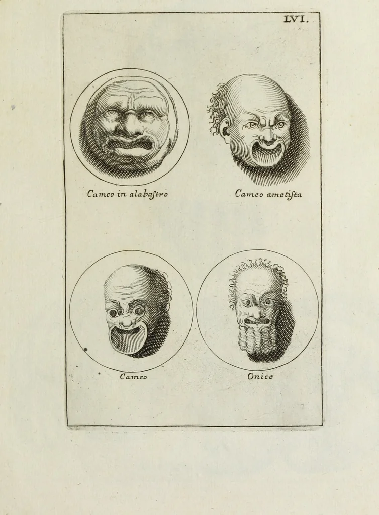 An illustration from Francisci Ficoronii Reg. Lond. Acad. socii dissertatio de larvis scenicis et figuris comicis antiquorum Romanorum, et ex Italica in Latinam linguam versa, 1754, leaf 252